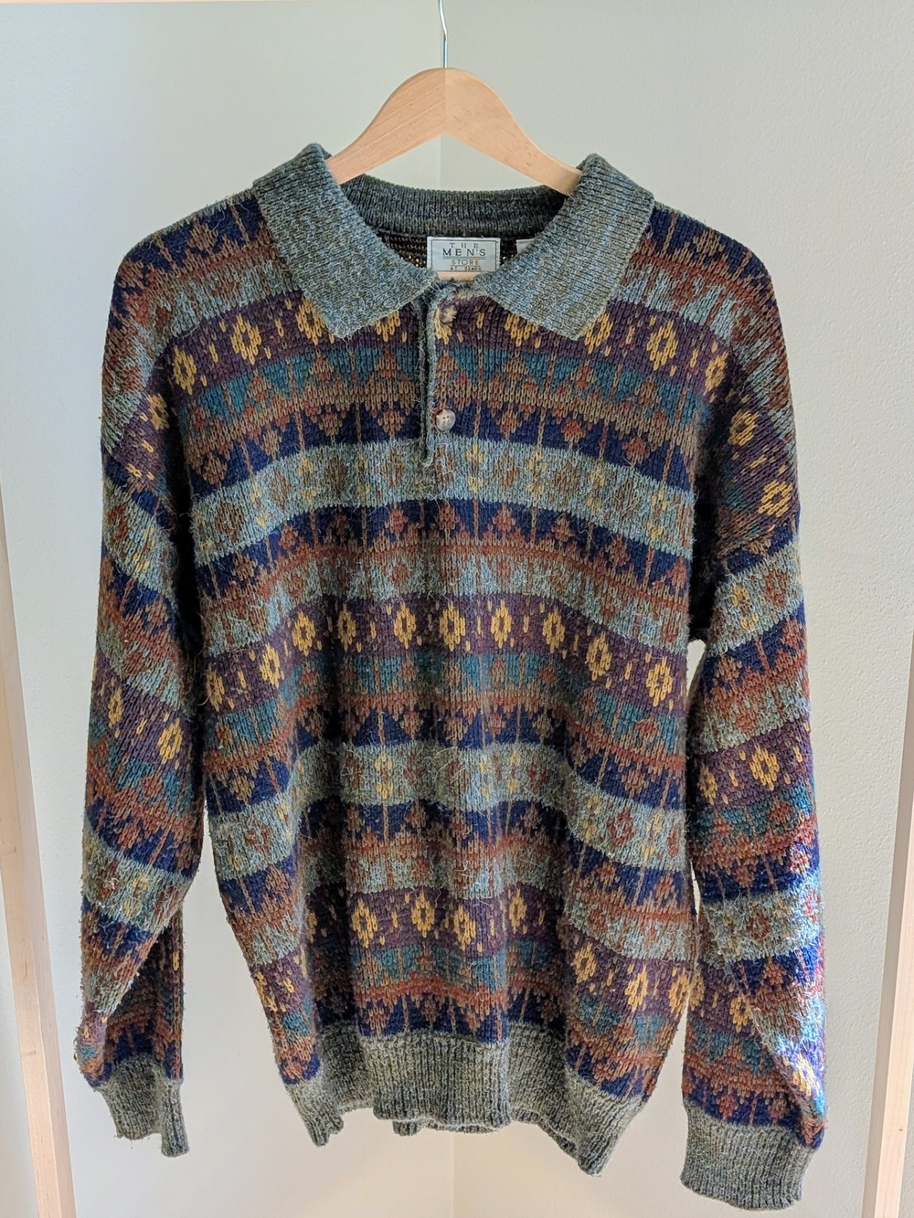 Vintage Abstract Geometric Patterned Collared Henley Sweater In Sage Green/Brown - Picture 3 of 8
